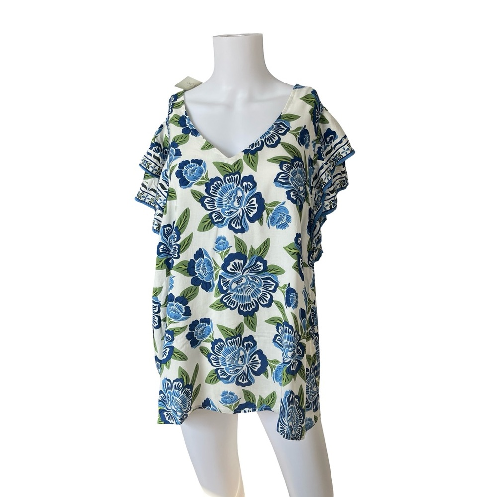 NEW Rachel Zoe Flutter Sleeve Blouse Blue Floral V Neck Womens Plus Size 1X